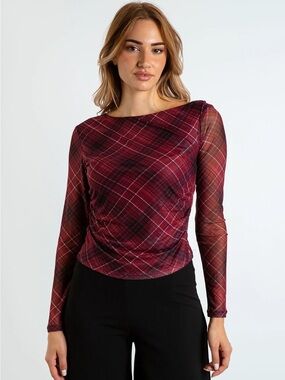 NWOT Rachel Zoe Burgundy Plaid Long-Sleeve Mesh Top